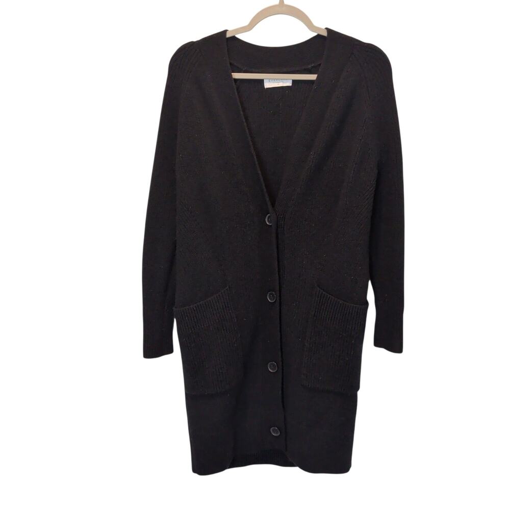 Everlane Womens Sz XS 100% Wool Black Long Line Button Grandpa Front Cardigan